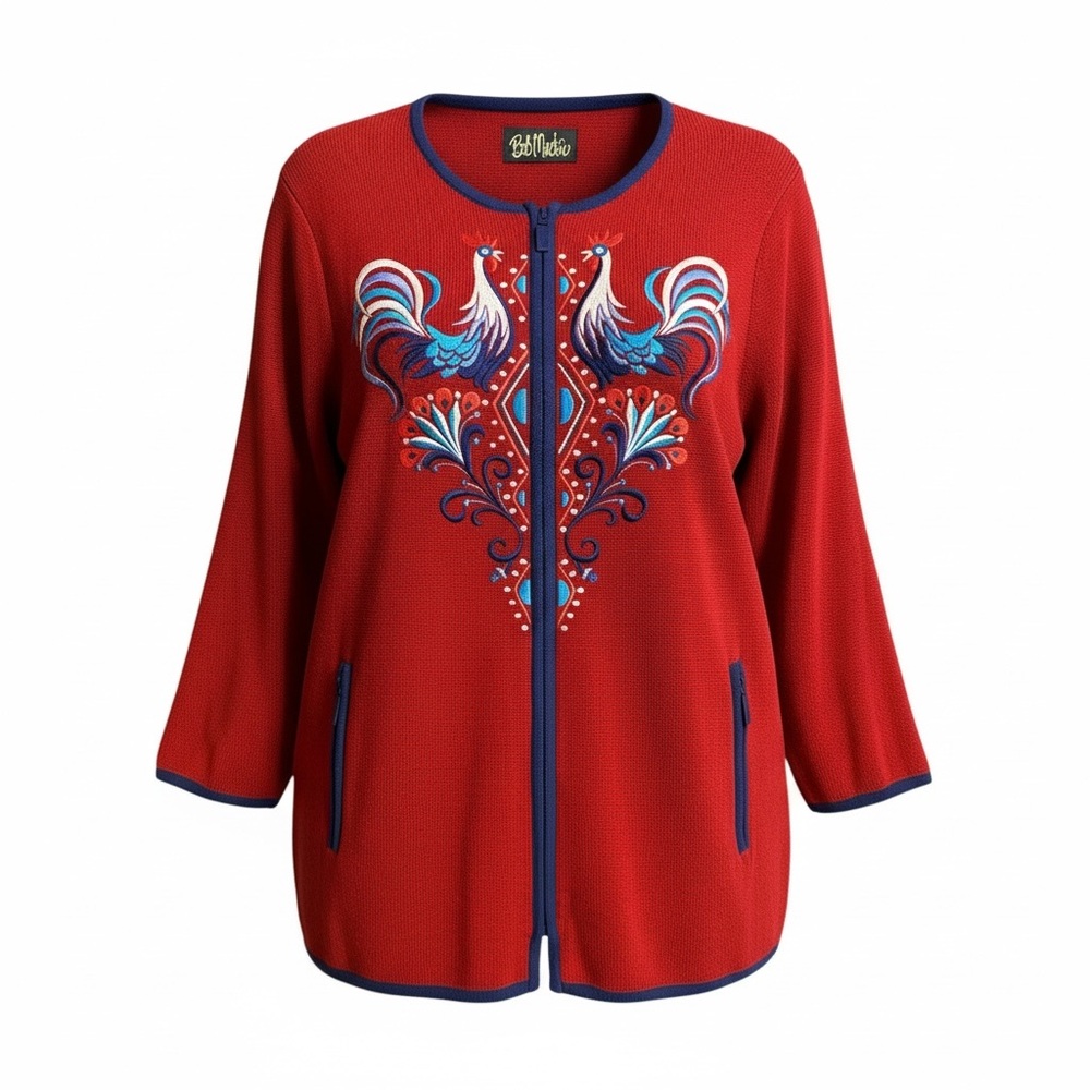 Bob Mackie Wearable Art Embroidered Rooster Cardigan Size Large